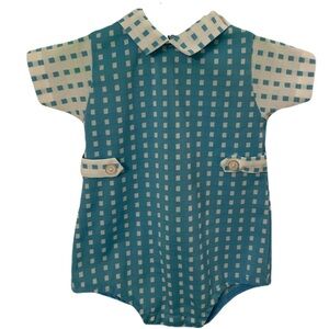 Vintage 60s/70s Baby Carter's Blue and White Checkered Baby Romper One-Piece 12M